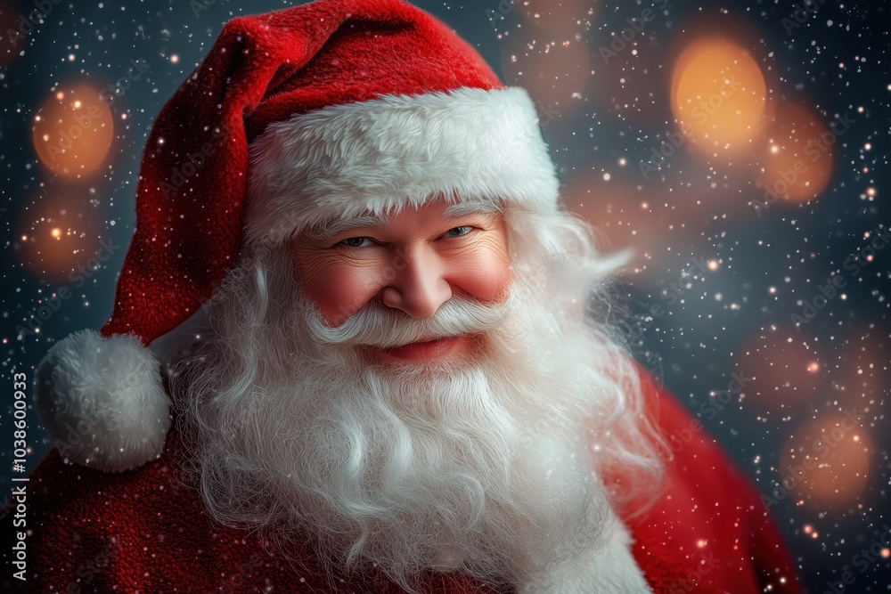 Cheerful Santa Claus portrait with festive bokeh lights and warm smile. Generative AI Cheerful Santa Claus portrait with festive bokeh lights and warm smile. Generative AI