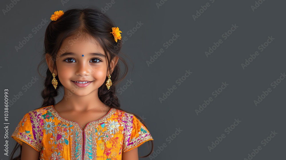 Indian little girl in traditional bunad folk costume isolated on grey Indian little girl in traditional bunad folk costume isolated on grey