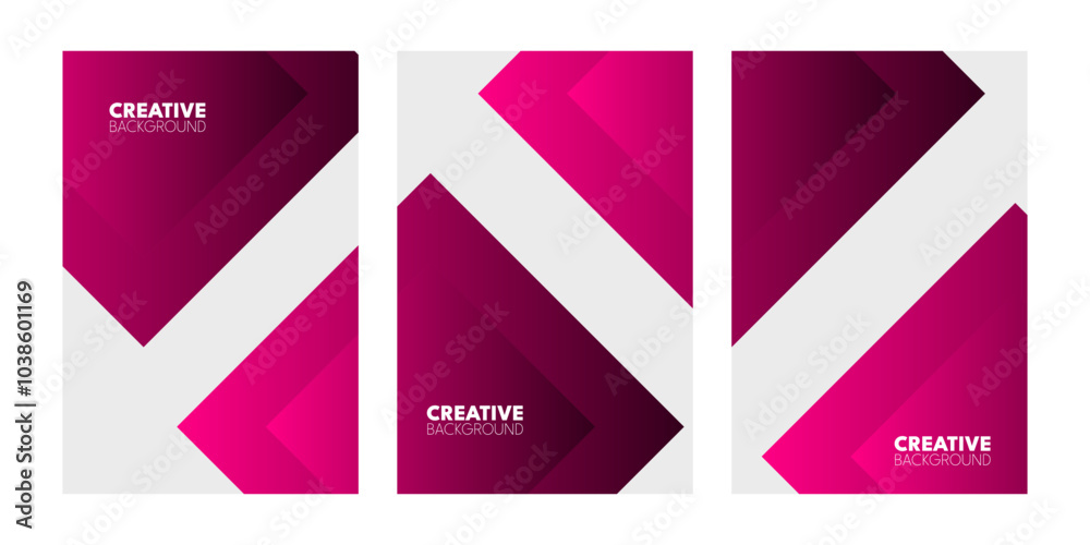 Three vertical panels with overlapping, geometric shapes in shades of pink and white. Three vertical panels with overlapping, geometric shapes in shades of pink and white.
