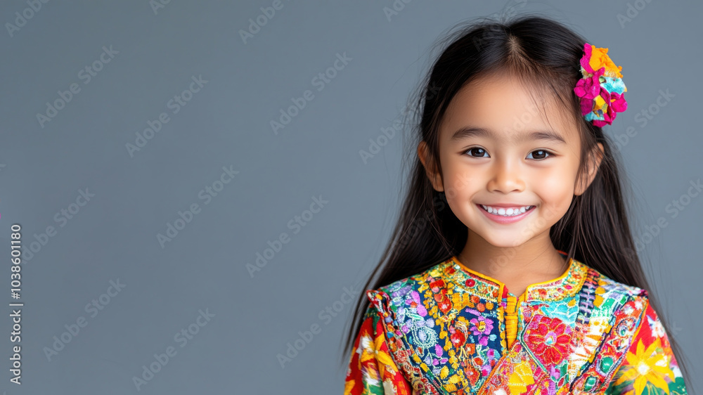 Indonesian little girl in traditional bunad folk costume isolated on gray Indonesian little girl in traditional bunad folk costume isolated on gray