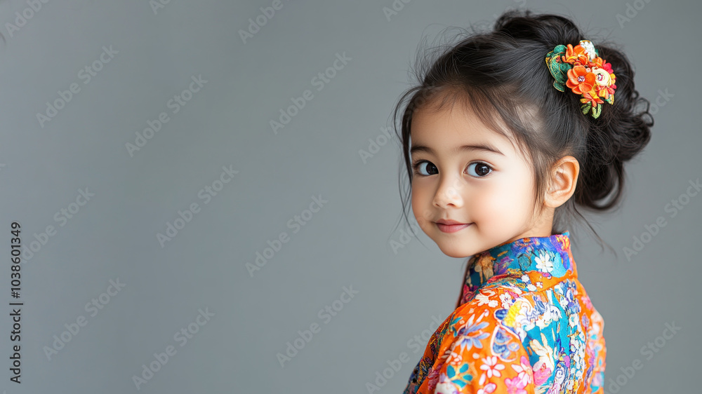 Indonesian little girl in traditional bunad folk costume isolated on gray Indonesian little girl in traditional bunad folk costume isolated on gray