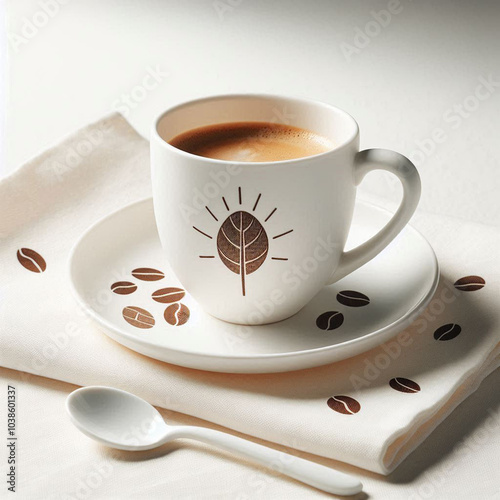 Cup of coffee with heart shape and coffee beans on background