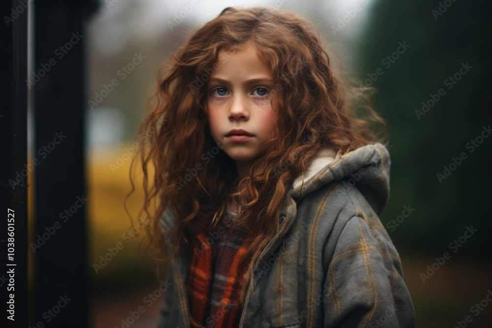 Portrait of a beautiful little girl with curly red hair in a gray coat. Portrait of a beautiful little girl with curly red hair in a gray coat.