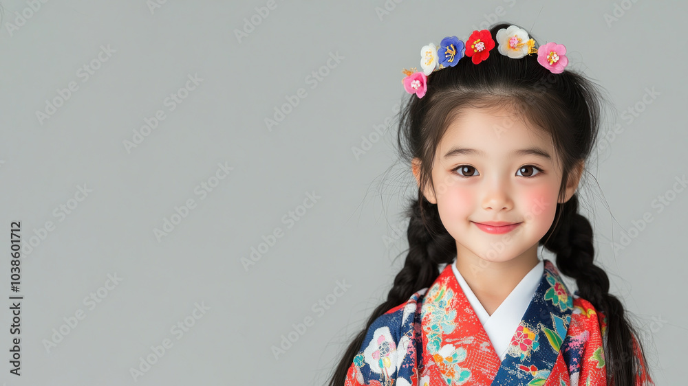 Japanese little girl in traditional bunad folk costume isolated on gray Japanese little girl in traditional bunad folk costume isolated on gray