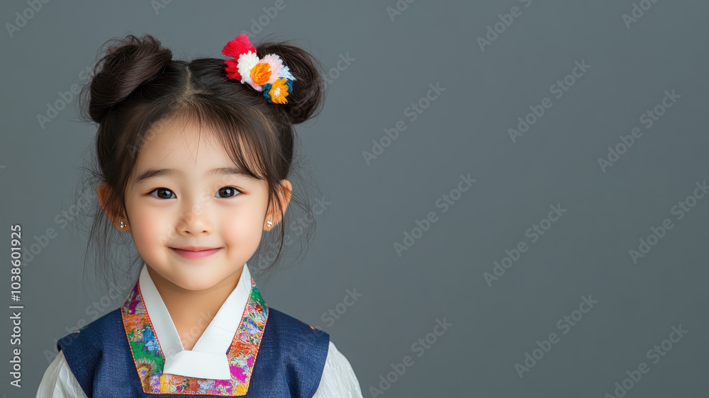 Korean little girl in traditional bunad folk costume isolated on gray