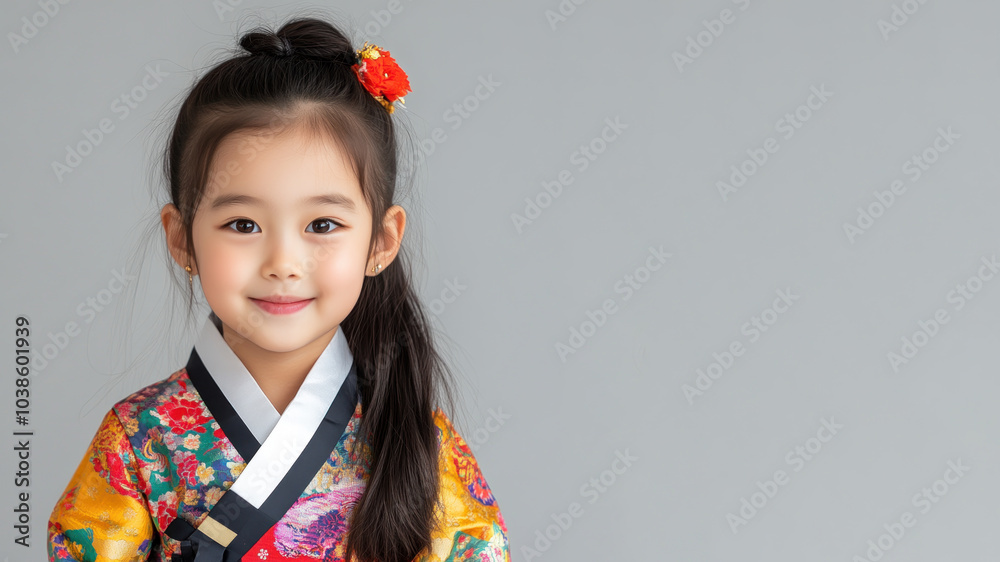 Korean little girl in traditional bunad folk costume isolated on gray Korean little girl in traditional bunad folk costume isolated on gray