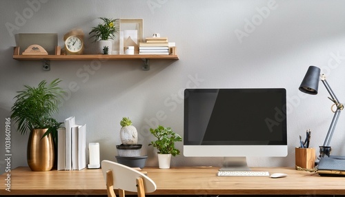 Modern home office with a wooden desk and computer. 3D Rendering