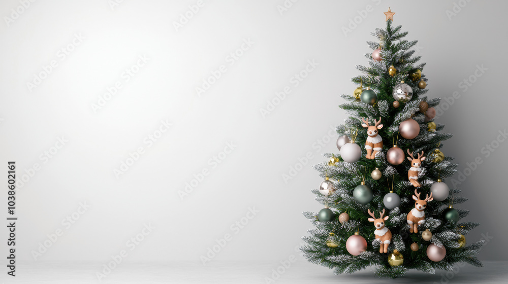 beautifully decorated Christmas tree with reindeer dolls and festive ornaments beautifully decorated Christmas tree with reindeer dolls and festive ornaments