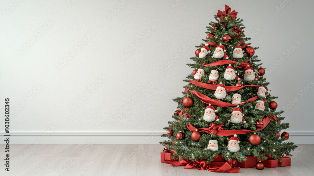 beautifully decorated Christmas tree adorned with Santa Claus dolls and red ribbons beautifully decorated Christmas tree adorned with Santa Claus dolls and red ribbons