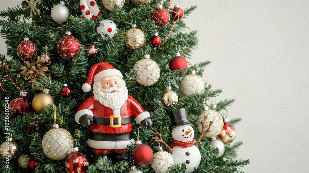 Festive Christmas tree decorated with Santa Claus and snowman, creating joyful atmosphere Festive Christmas tree decorated with Santa Claus and snowman, creating joyful atmosphere