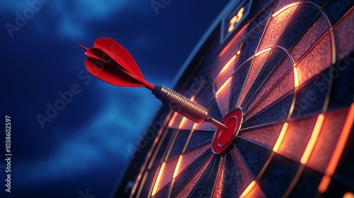 A dart embedded in the bullseye of a dartboard, illuminated.