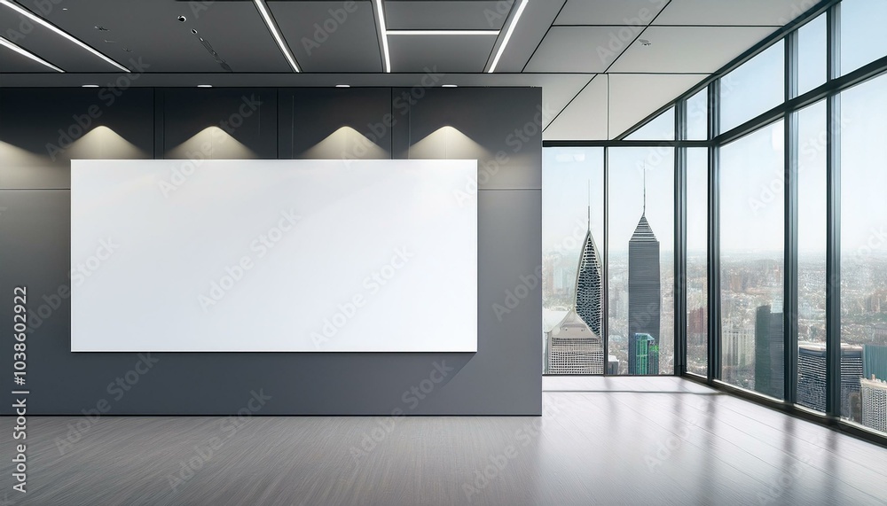 Modern office interior with a blank white poster mockup on the wall, glass partitions, and city view background for advertising display. 3D Rendering Modern office interior with a blank white poster mockup on the wall, glass partitions, and city view background for advertising display. 3D Rendering