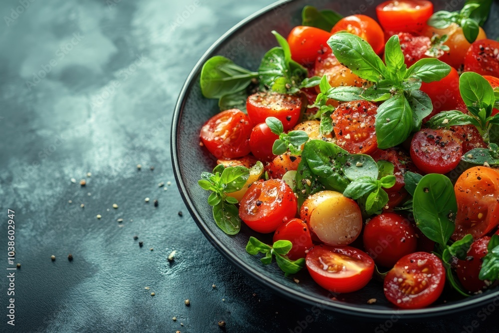 Fresh cherry tomato salad with herbs in a bowl on a dark textured surface Fresh cherry tomato salad with herbs in a bowl on a dark textured surface
