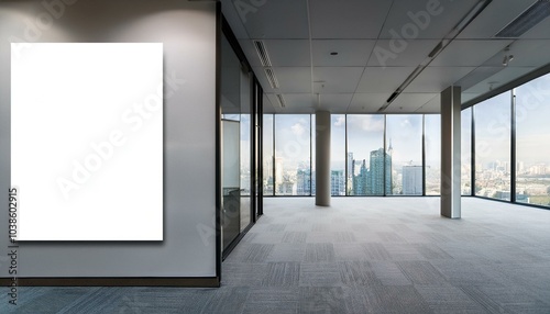 Wallpaper Mural Modern office interior with a blank white poster mockup on the wall, glass partitions, and city view background for advertising display. 3D Rendering Torontodigital.ca