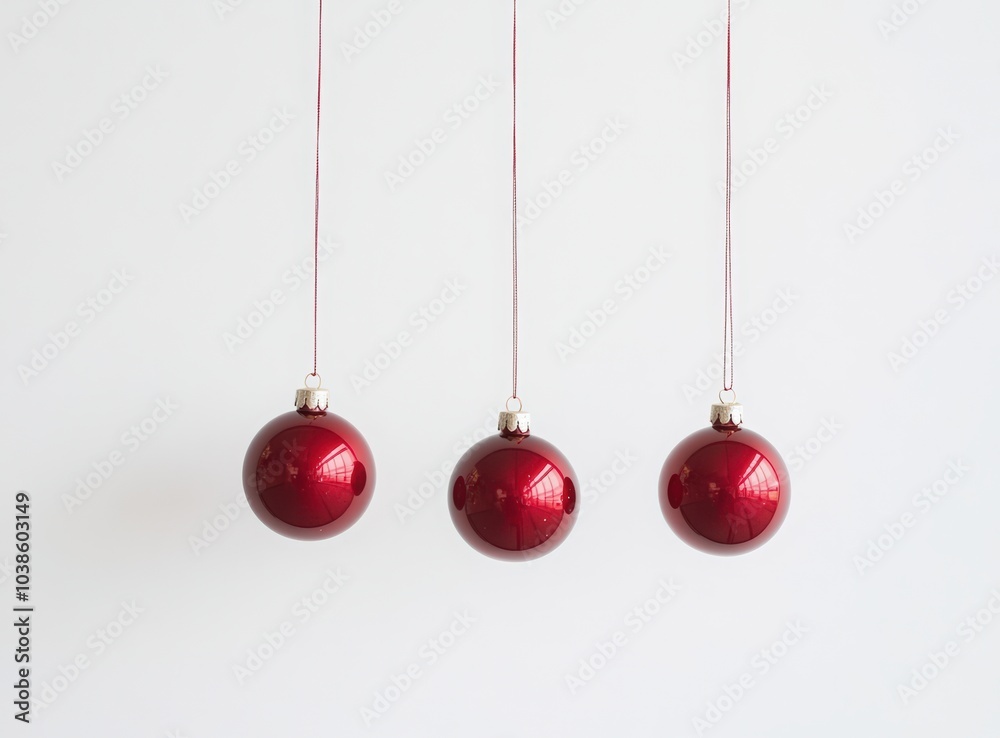 Three red Christmas ornaments hanging on strings, against a white background. Merry Christmas and Happy New Year Three red Christmas ornaments hanging on strings, against a white background. Merry Christmas and Happy New Year