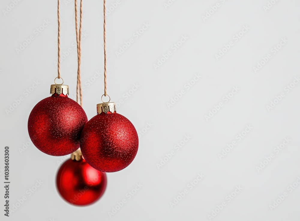 Three red Christmas ornaments hanging on strings, against a white background. Merry Christmas and Happy New Year Three red Christmas ornaments hanging on strings, against a white background. Merry Christmas and Happy New Year