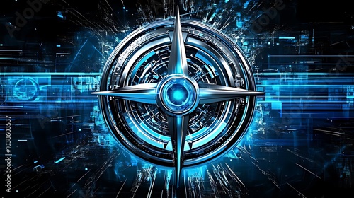 A futuristic, metallic compass with a blue light in the center, surrounded by abstract blue and black patterns, creating a digital, tech-inspired design.