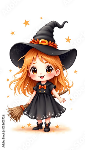 Cute cartoon witch with orange hair and a broomstick, perfect for Halloween decorations