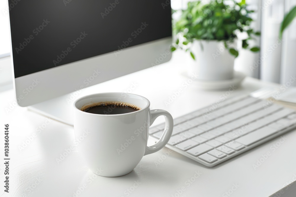 A clean work desk setup with a desktop monitor, a keyboard, and a coffee cup isolated on white