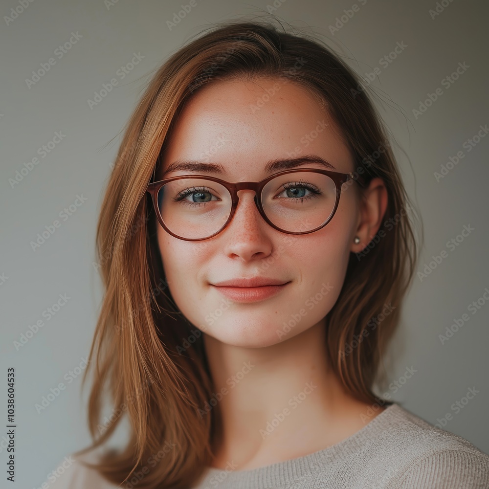Fototapeta premium A serene young woman, wearing glasses, radiates poise and intelligence, embodying modern-day wisdom and calmness.