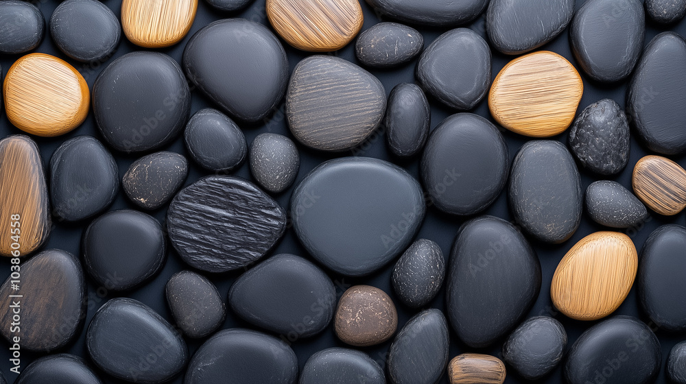 Smooth basalt stones and bamboo elements combine to create a calming, Zen-inspired outdoor setting Smooth basalt stones and bamboo elements combine to create a calming, Zen-inspired outdoor setting