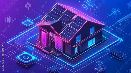 A 3D isometric illustration of a smart home with a solar photovoltaic system, showcasing an energy-saving ecosystem. The diagram highlights solar panels on the roof