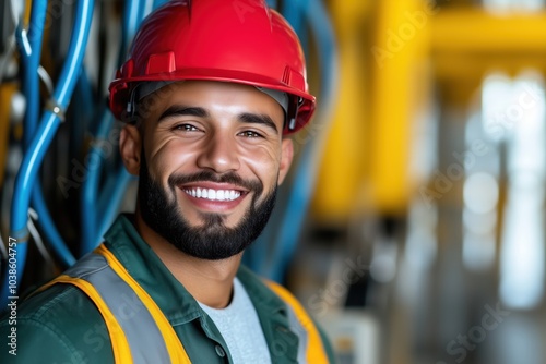 Confident male model in a business suit and red helmet against a vibrant backdrop. Generative AI