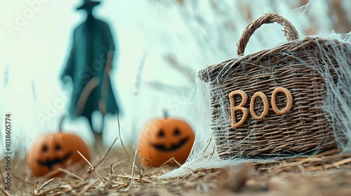 A spooky Halloween scene featuring a wicker basket labeled 