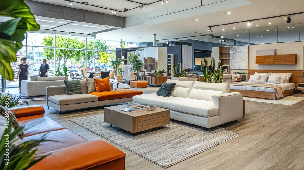 A modern furniture showroom displaying a variety of living room and bedroom setups, with customers browsing different styles. A modern furniture showroom displaying a variety of living room and bedroom setups, with customers browsing different styles.