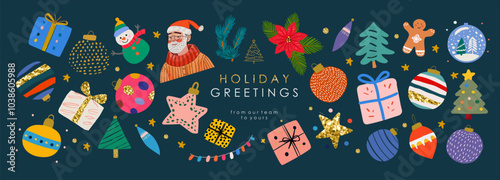 Merry Christmas and Happy New Year! 2025. Vector modern cute illustration of Christmas tree balls, toys, Christmas tree branch, poinsettia flower, gift, star, badge, gingerbread, icon, set of objects 