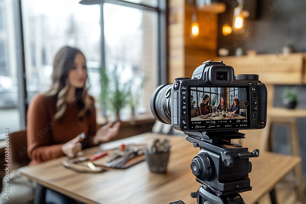 Video Production Capturing Elegant Woman Presenting at Cafe Table with Equipment : Generative AI Video Production Capturing Elegant Woman Presenting at Cafe Table with Equipment : Generative AI