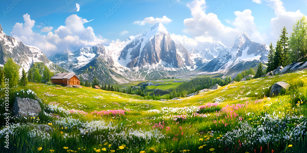 Obraz premium Picturesque mountain valley with traditional cottages, vibrant wildflower meadows, crystal-clear lake, and majestic alpine peaks under a bright blue sky, evoking tranquility and natural beauty