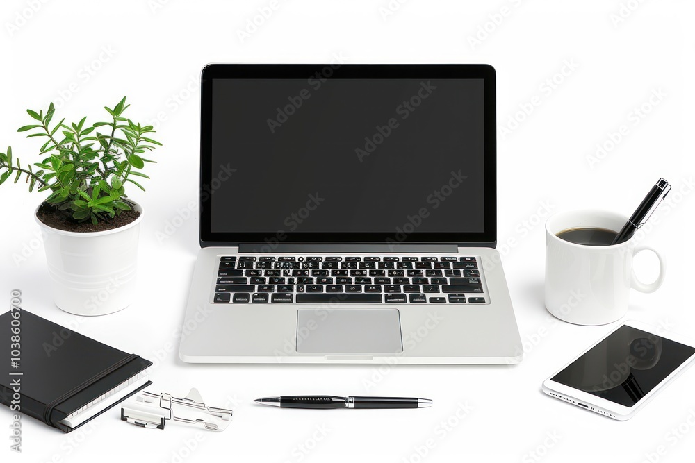 A clean work desk setup with a laptop, notepad, and pen holder isolated on a white background A clean work desk setup with a laptop, notepad, and pen holder isolated on a white background