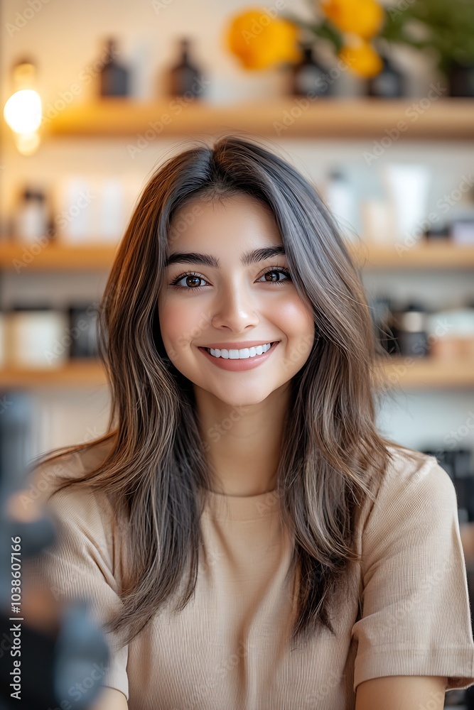 Bright Smiling Young Woman in Earth-Tone Sweater at Trendy Coffee Shop : Generative AI Bright Smiling Young Woman in Earth-Tone Sweater at Trendy Coffee Shop : Generative AI