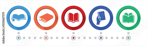 Book vector icon set, flat icons for logo design, webdesign and mobile applications, colorful round buttons. eps 10