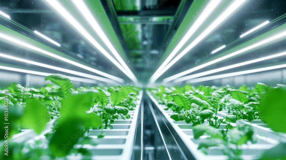 Futuristic Hydroponic Lab on Sci-Fi Spaceship with Thriving Nutrient-Rich Plants under Artificial Light - Ray Tracing Illustration Futuristic Hydroponic Lab on Sci-Fi Spaceship with Thriving Nutrient-Rich Plants under Artificial Light - Ray Tracing Illustration