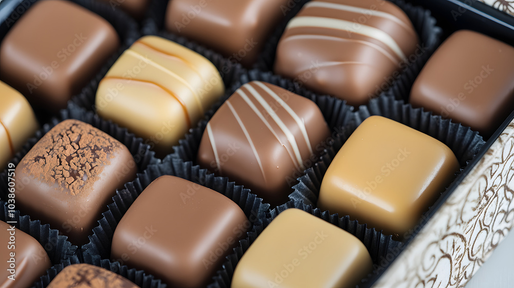 Assorted Gourmet Chocolate Truffles in Box Closeup View Assorted Gourmet Chocolate Truffles in Box Closeup View