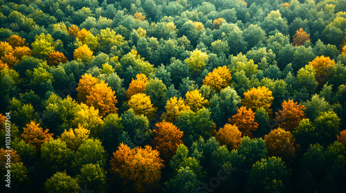 Aerial view of vibrant autumn forest with a mix of colorful trees in shades of red, orange, yellow, and green, showcasing nature's seasonal transformation and the beauty of fall foliage