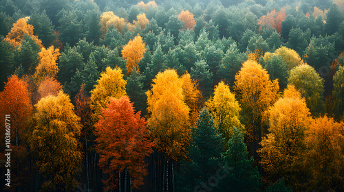 Aerial view of vibrant autumn forest with a mix of colorful trees in shades of red, orange, yellow, and green, showcasing nature's seasonal transformation and the beauty of fall foliage