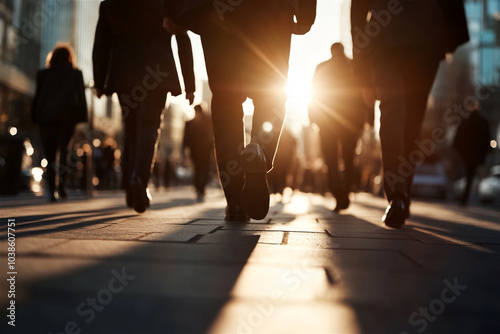 Business people are walking on a sidewalk in a city center with a low sun shining behind them