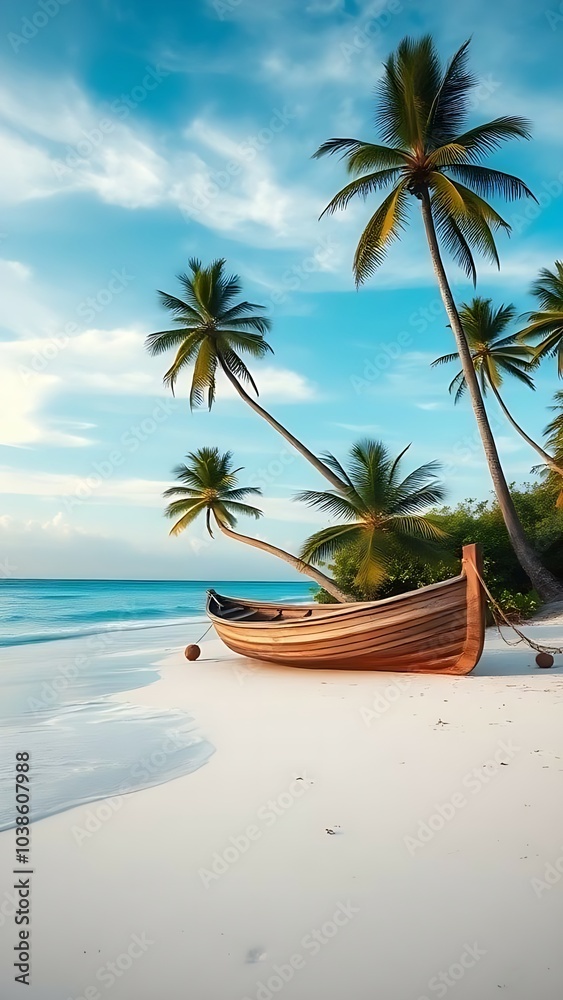 Rowboat with palm trees on sand beach with seascape view on blue sky in summer day Rowboat with palm trees on sand beach with seascape view on blue sky in summer day