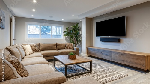 A stylish, modern living room with a large sectional sofa, a coffee table, and a mounted flat-screen TV on the wall.