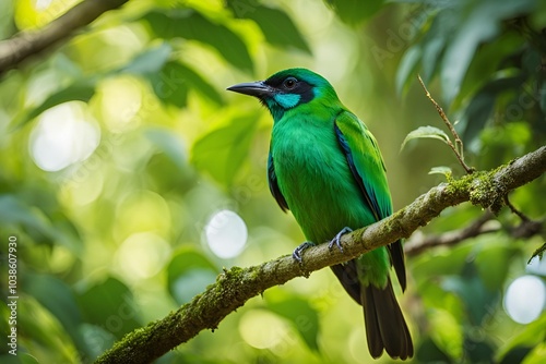 Green Bird Sitting on a Tree Branch