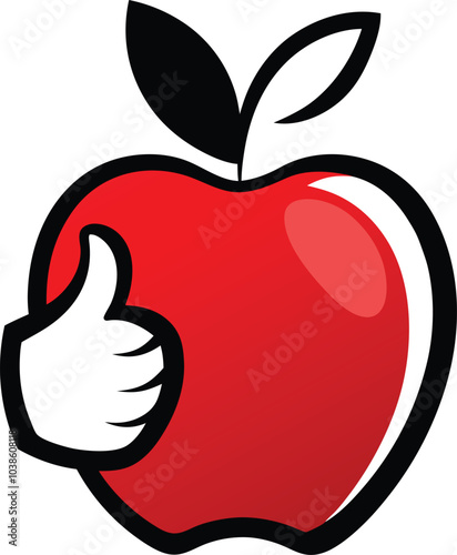 Thumbs Up for a Healthy Apple: A vibrant illustration of a red apple with a cartoon hand giving a thumbs-up, symbolizing health, well-being, and positive choices. Perfect for educational materials.