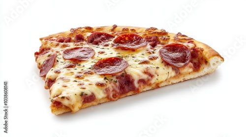 A piece of pizza with melted cheese and pepperoni.