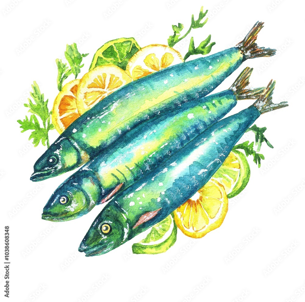 Food illustration. Watercolor fish on lettuce leaves and lemon slices. Hand-painted sardines on white background Food illustration. Watercolor fish on lettuce leaves and lemon slices. Hand-painted sardines on white background