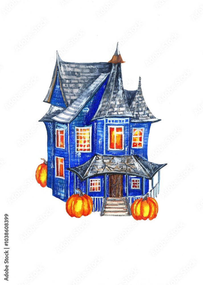 Naklejka premium halloween background. Watercolor Halloween blue rustic house with pumpkins around on white background