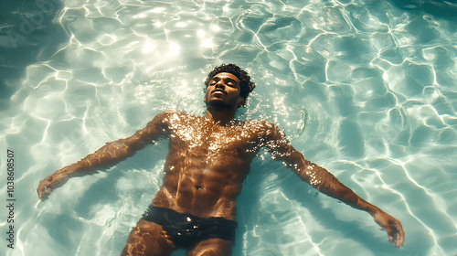 Relaxed young man floating on water in a pool, serene expression with eyes closed, feeling calm and free, embracing peaceful solitude, top view in tranquil aqua blue surroundings, mindfulness state