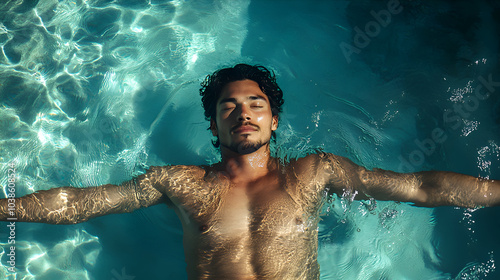 Relaxed young man floating on water in a pool, serene expression with eyes closed, feeling calm and free, embracing peaceful solitude, top view in tranquil aqua blue surroundings, mindfulness state