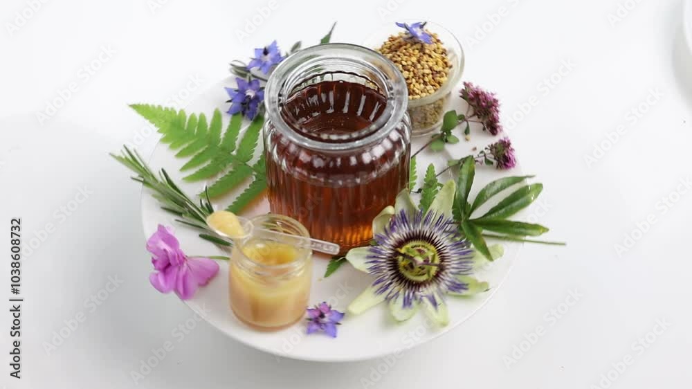 Raw organic bee pollen, honey and royal jely in jars,. surrounded by medicinal plants and flowers, white background Raw organic bee pollen, honey and royal jely in jars,. surrounded by medicinal plants and flowers, white background